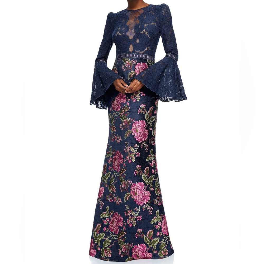 NWOT Tadashi Shoji Lace & Floral Jacquard Evening Gown